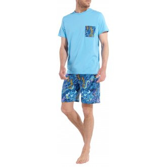 Pyjama court avec un col rond Hom en coton bleu