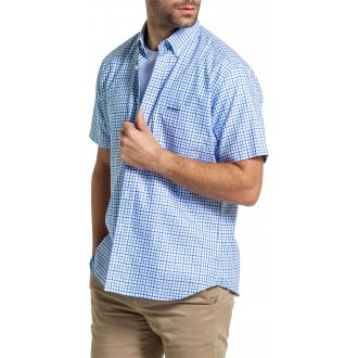 Chemise Mise Au Green en coton avec manches courtes et col américain bleu carreaux