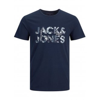 T-shirt à col rond Jack & Jones en coton bleu avec branding floqué effet peinture