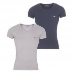Lot de 2 tee-shirts col V Emporio Armani en coton stretch gris et bleu marine