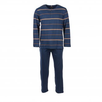 Pyjama long Christian Cane Sloan en coton : tee-shirt col tunisien manches longues bleu rayé et pantalon bleu marine