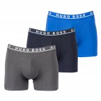 Lot de 3 boxers longs Hugo Boss en coton stretch bleu nuit, bleu électrique et gris
