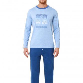 Pyjama long Mariner en coton : tee-shirt manches longues col rond bleu ciel floqué et pantalon bleu marine