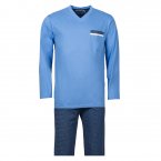 Pyjama Christian Cane Waren en coton : tee-shirt manches longues col V bleu ciel et pantalon bleu marine à micros motifs