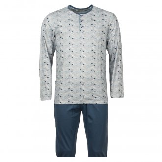 Pyjama Christian Cane Wish en coton : tee-shirt manches longues col tunisien blanc à motifs graphiques bleus et pantalon bleu canard