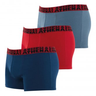 Lots de 3 boxers Athena coton bleus et rouges avec nom de la marque brodé en noir