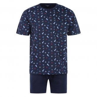 Pyjama court Guasch en coton : tee-shirt col rond bleu nuit à motifs bleu clair, rouges et blancs et short bleu nuit