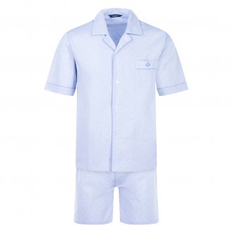 Pyjama court Guasch en coton : chemise manches courtes et short bleu ciel à micro motifs bleu clair