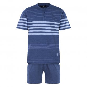 Pyjama court Guasch en coton : tee-shirt col rond bleu marine à rayures bleu clair et short bleu marine