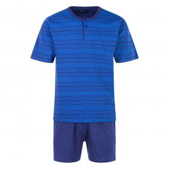 Pyjama court Guasch en coton : tee-shirt bleu indigo à rayures bleu marine et short bleu marine