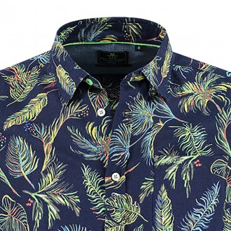 Chemise coupe droite manches courtes NZA Waiotaura en lin mélangé bleu marine à motifs fleurs