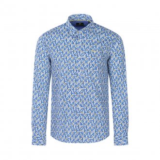 Chemise coupe droite NZA Te Moana en coton stretch bleu à motifs abstraits