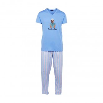 Pyjama long Arthur Javae en coton : tee-shirt bleu indigo floqué et pantalon bleu clair à rayures jaunes et rose