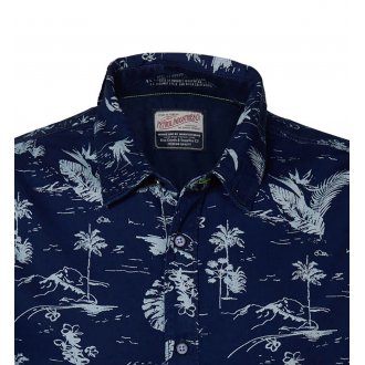 Chemise manches courtes Petrol Industries en coton bleu marine à motifs palmiers et feuilles bleu clair