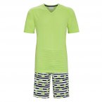 Pyjama court Ringella en coton : tee-shirt col V vert clair et short rayé bleu marine et blanc à motifs citrons verts