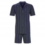 Pyjama court Ringella en coton : chemise et short bleu nuit à rayures vertes, beiges, bleu clair et bleu marine