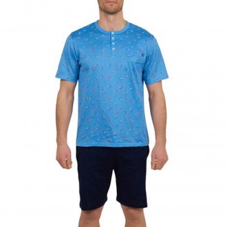 Pyjama court Mariner en coton : tee-shirt col boutonné bleu ciel à motifs multicolores et short bleu nuit