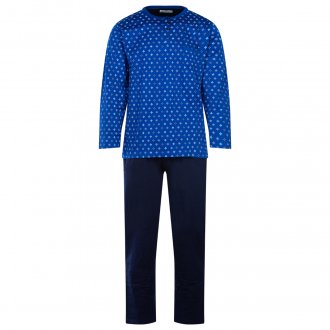 Pyjama long Mariner en coton : tee-shirt manches longues bleu indigo à micro motifs multicolores et pantalon bleu nuit