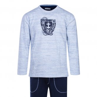 Pyjama long Mariner en coton : tee-shirt manches longues bleu ciel et pantalon bleu nuit