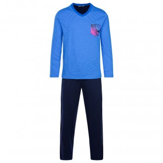 Pyjama long Mariner en coton organique : tee-shirt manches longues bleu indigo rayé et pantalon bleu nuit