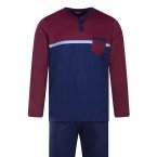 Pyjama long Eminence en coton : tee-shirt manches longues colorblock bleu marine et bordeaux et pantalon bleu marine