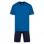 Pyjama court Eminence en coton : tee-shirt col rond bleu canard et short bleu marine