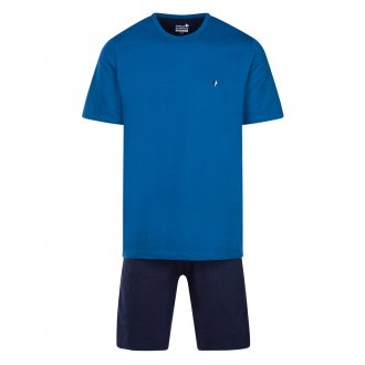 Pyjama court Eminence en coton : tee-shirt col rond bleu canard et short bleu marine