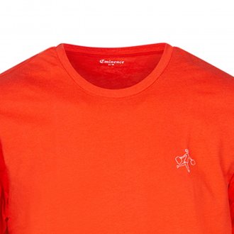 Pyjama court Eminence en coton : tee-shirt col rond orange et short bleu denim à micro motifs blancs