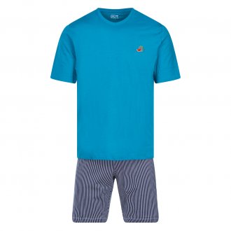Pyjama court Eminence en coton : tee-shirt col rond bleu turquoise et short à rayures blanches et bleu marine