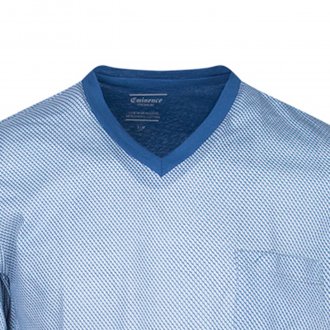 Pyjama court Eminence en coton : tee-shirt col V blanc à micro motifs bleu marine et short bleu denim