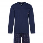Pyjama long Eminence en coton : tee-shirt manches longues bleu marine et pantalon bleu marine à micro motifs