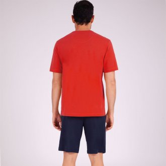 Pyjama court Eminence en coton : tee-shirt col rond rouge et short bleu marine