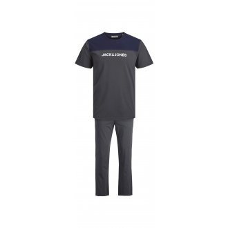 Pyjama Jack & Jones en coton : tee-shirt col rond gris anthracite et bleu marine et pantalon gris anthracite