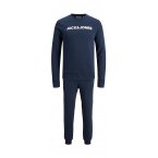 Pyjama long Jack & Jones en coton stretch : sweat col rond et pantalon bleu marine
