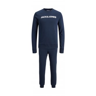 Pyjama long Jack & Jones en coton stretch : sweat col rond et pantalon bleu marine