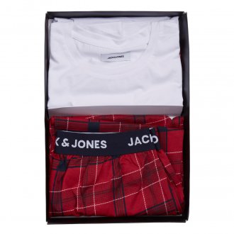 Pyjama Jack & Jones Jactrain en coton : tee-shirt blanc floqué et pantalon rouge à carreaux