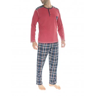 Pyjama long Christian Cane en coton avec manches longues et col tunisien rouge à carreaux