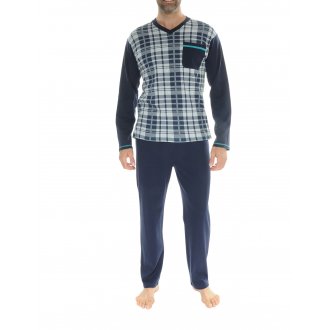 Pyjama long Christian Cane Irwin en coton bleu marine à carreaux