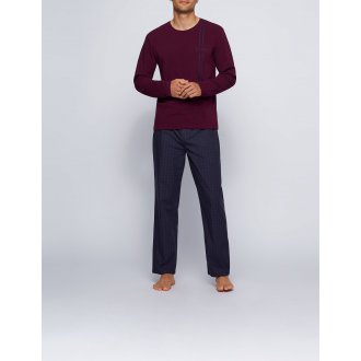 Pyjama long Boss en coton : tee-shirt manches longues bordeaux et pantalon bleu marine à carreaux