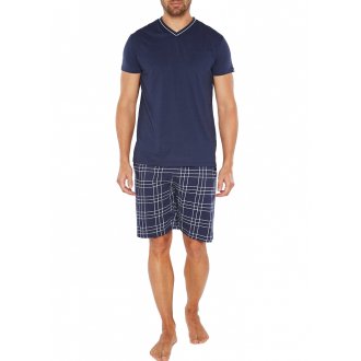 Pyjama court Arthur en coton bleu marine : tee-shirt col V et short à carreaux blancs