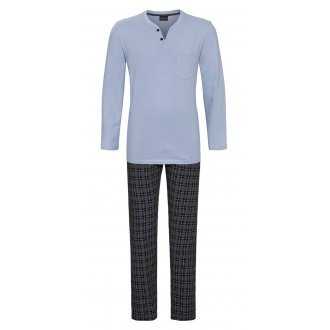 Pyjama long Ringella en coton : tee-shirt manches longues bleu clair et pantalon à carreaux gris anthracite