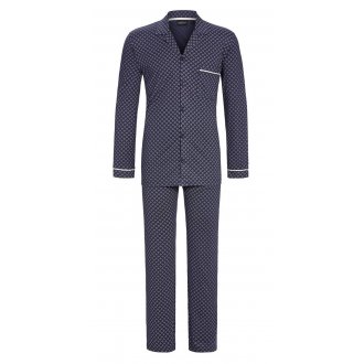 Pyjama long Ringella en coton mélangé : chemise et pantalon bleu marine à motifs blancs