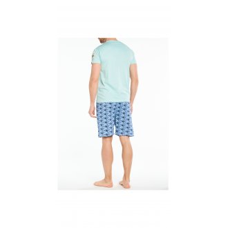 Pyjama court Arthur en coton : tee-shirt col V bleu ciel et short à motifs all-over