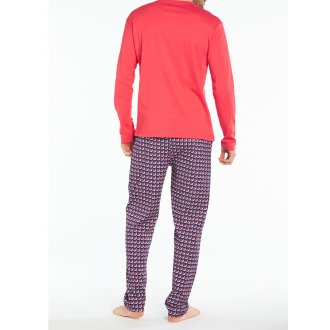 Pyjama long Arthur en coton : tee-shirt manches longues rouge floqué et pantalon bleu marine à motifs