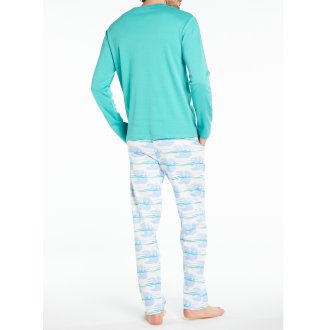 Pyjama long Arthur en coton : tee-shirt manches longues col V bleu turquoise et pantalon blanc à motifs