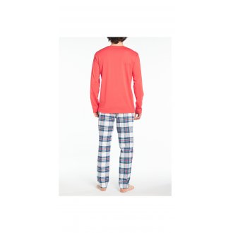 Pyjama long Arthur coton : tee-shirt manches longues col rond floqué et pantalon blanc à carreaux