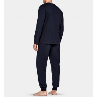 Pyjama long Eden Park en coton : tee-shirt manches longues col rond et pantalon bleu marine