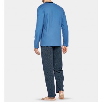Pyjama long Eden Park en coton : tee-shirt manches longues col V bleu denim et pantalon à motifs