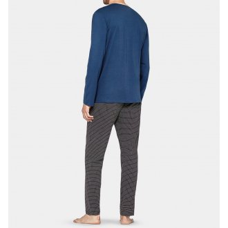 Pyjama long Eden Park en coton : tee-shirt manches longues col V bleu marine et pantalon à motifs