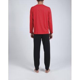 Pyjama long Athena en coton : tee-shirt manches longues col V rouge floqué et pantalon bleu nuit